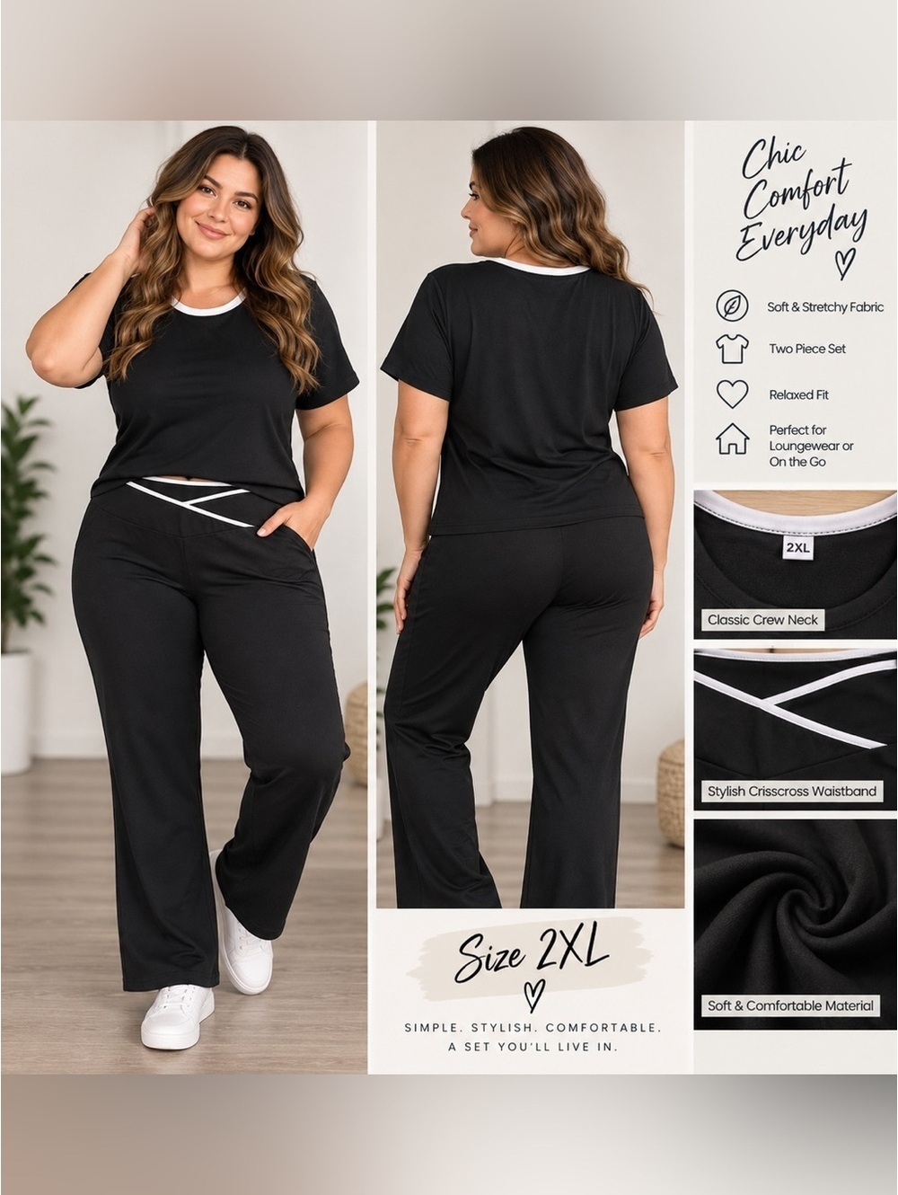 Black Two-Piece Lounge Set with White Trim - Plus Size